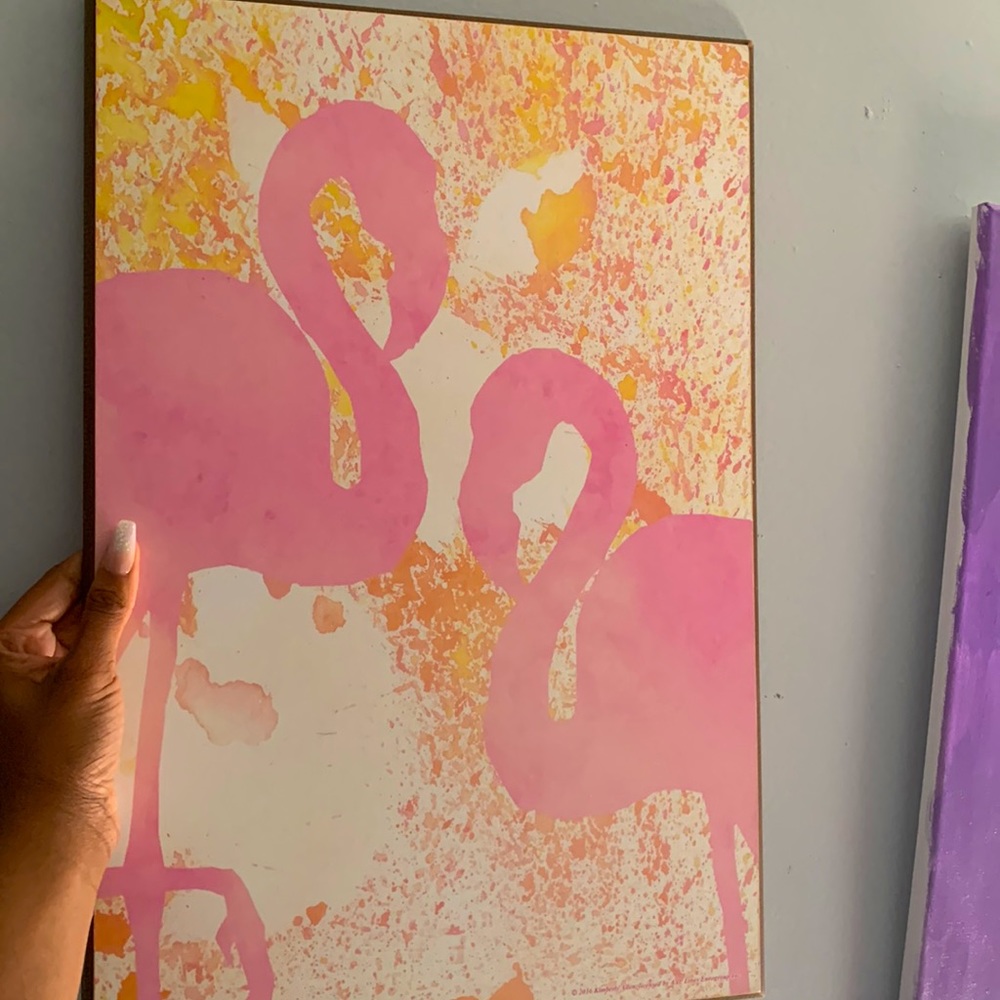 Pink and orange paint splatter flamingo wall art